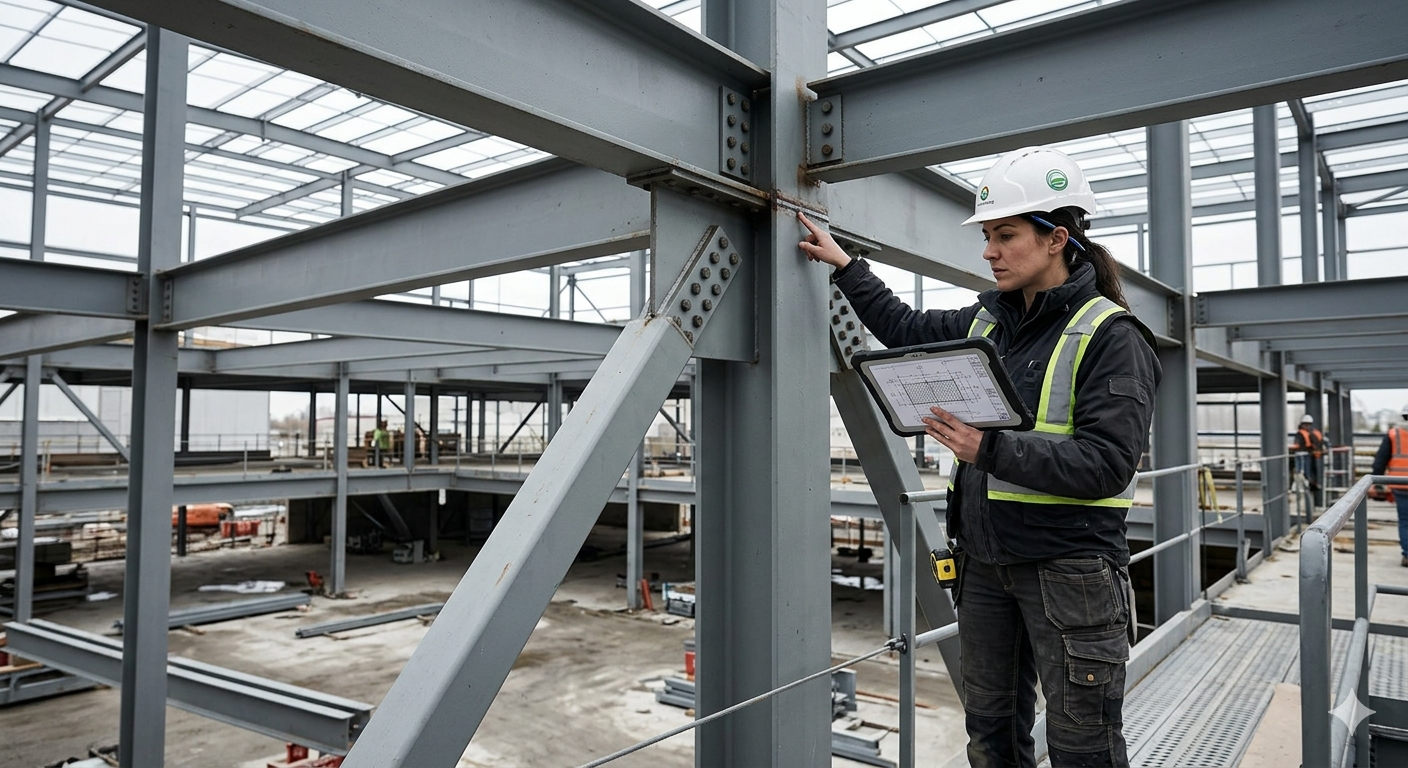Metaphor for Agentic AI structure with an engineer inspecting a load bearing steel beam
